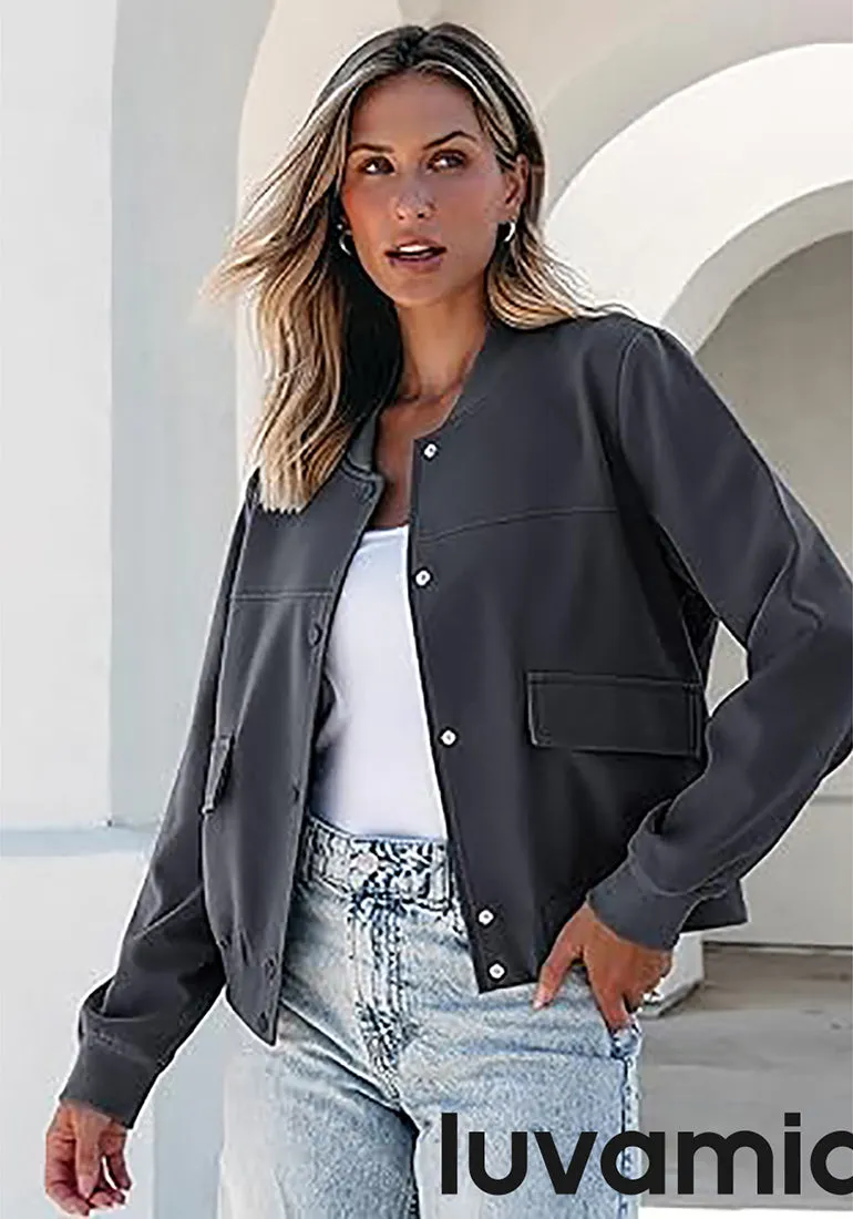 LUVAMIA Women's Casual Fully Buttoned Jackets Baseball Collar Front Pocket Moderate Fit Slight Stretch