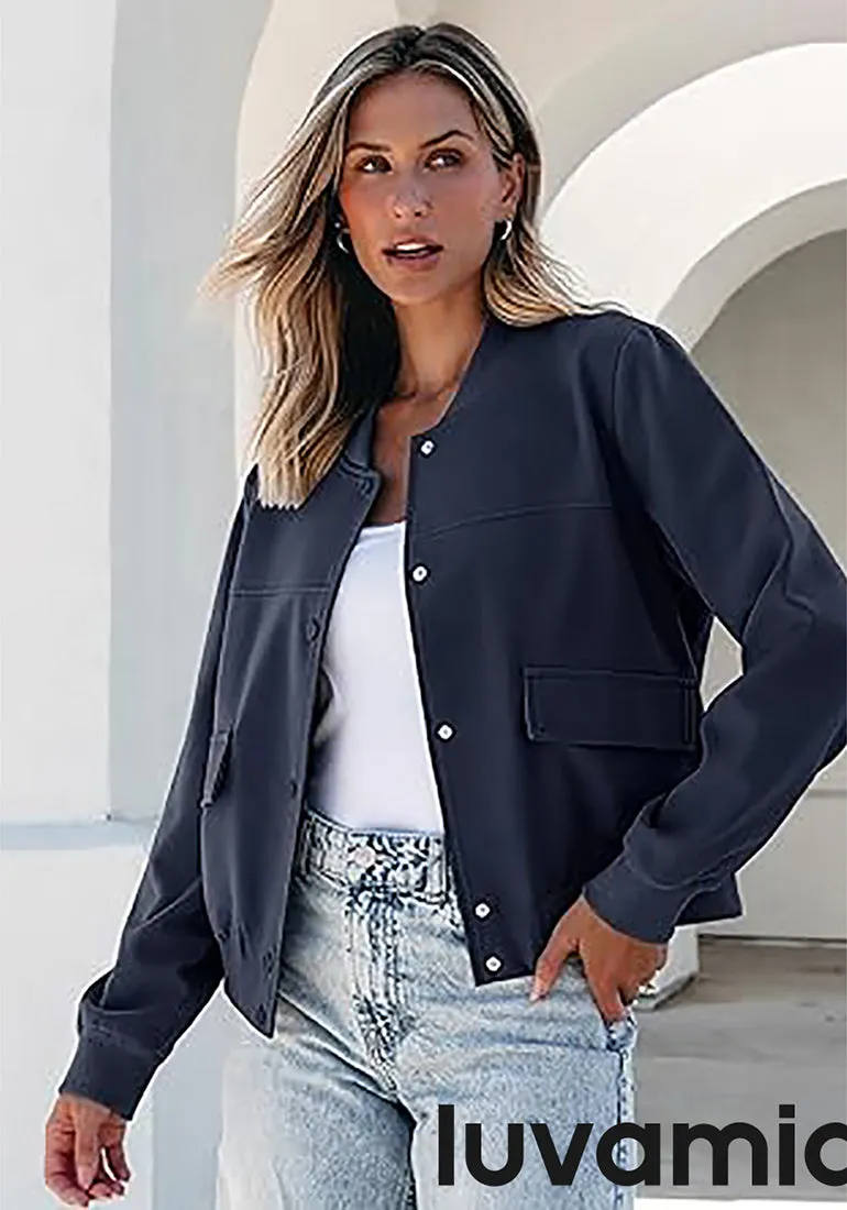 LUVAMIA Women's Casual Fully Buttoned Jackets Baseball Collar Front Pocket Moderate Fit Slight Stretch