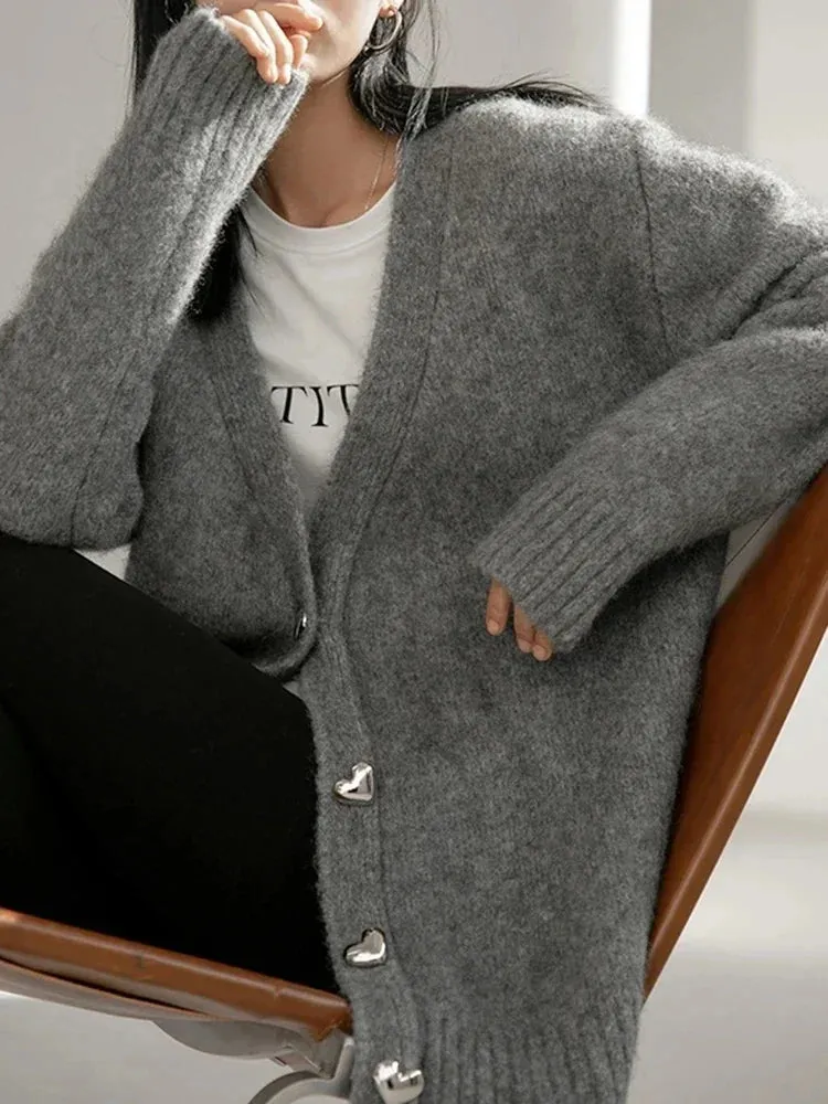 Metaversmall Elegant Fashion Korean Women's V-neck Knitted Cardigan Autumn Solid Color Loose Long Sleeved Women Sweater Top Simple Sweet