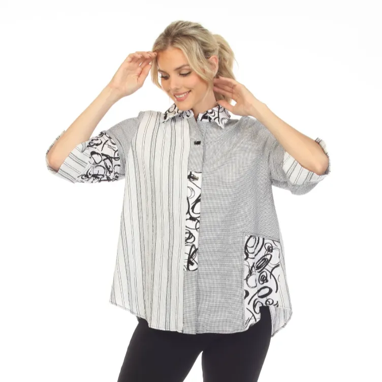 Moonlight ''Stripes & Swirls" Blouse in Black & White - 3655 - Size S Only!