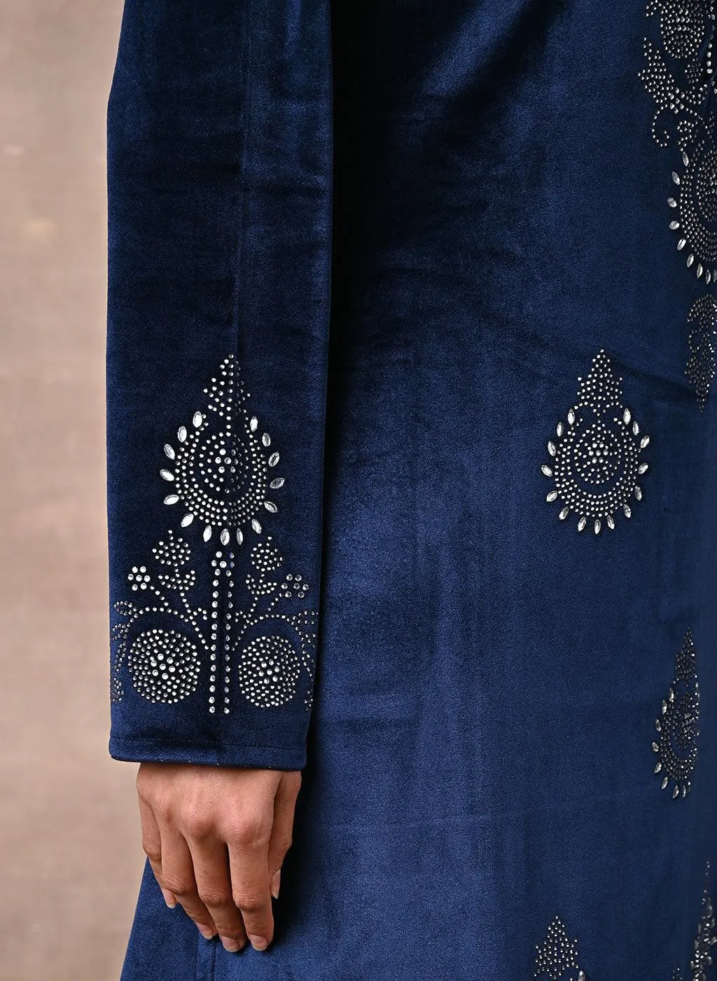 Navy Blue Velvet Kurta With Fine Mirror Work