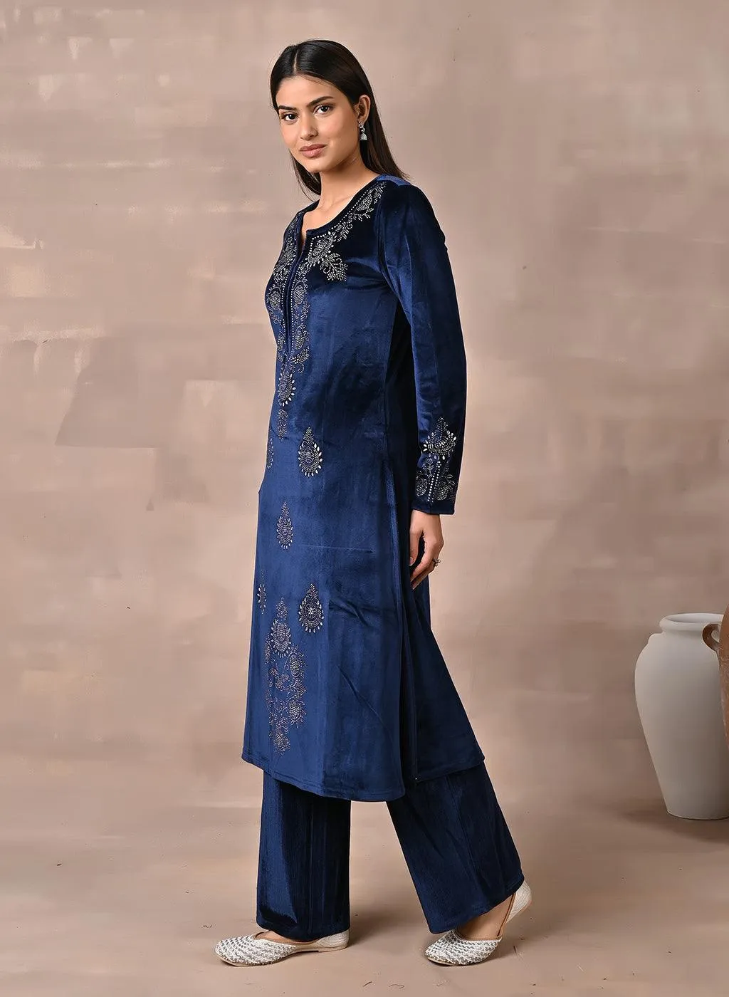 Navy Blue Velvet Kurta With Fine Mirror Work