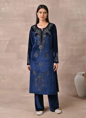 Navy Blue Velvet Kurta With Fine Mirror Work