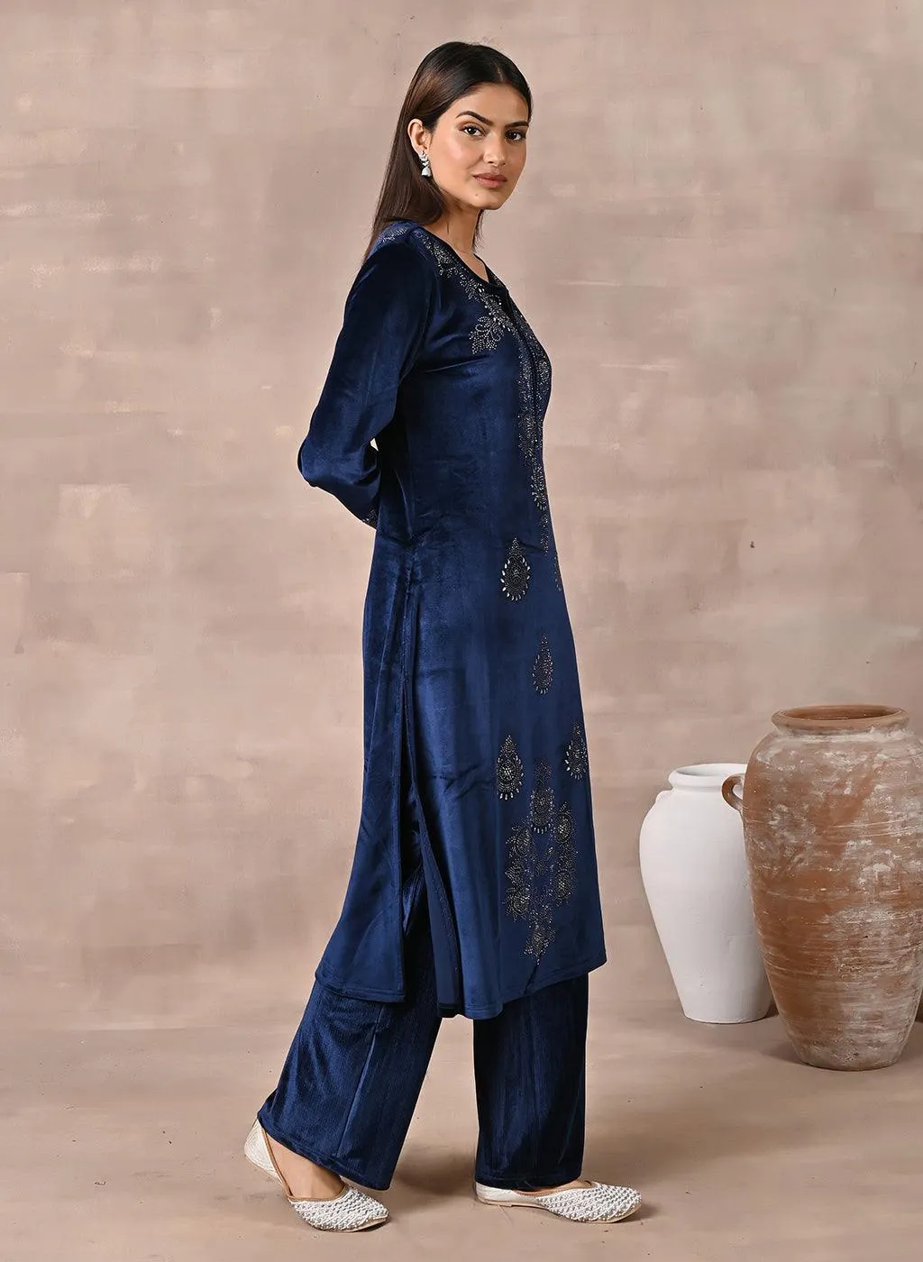 Navy Blue Velvet Kurta With Fine Mirror Work