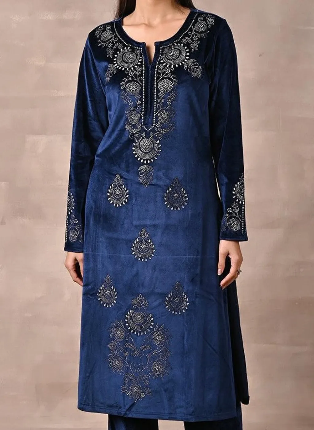 Navy Blue Velvet Kurta With Fine Mirror Work