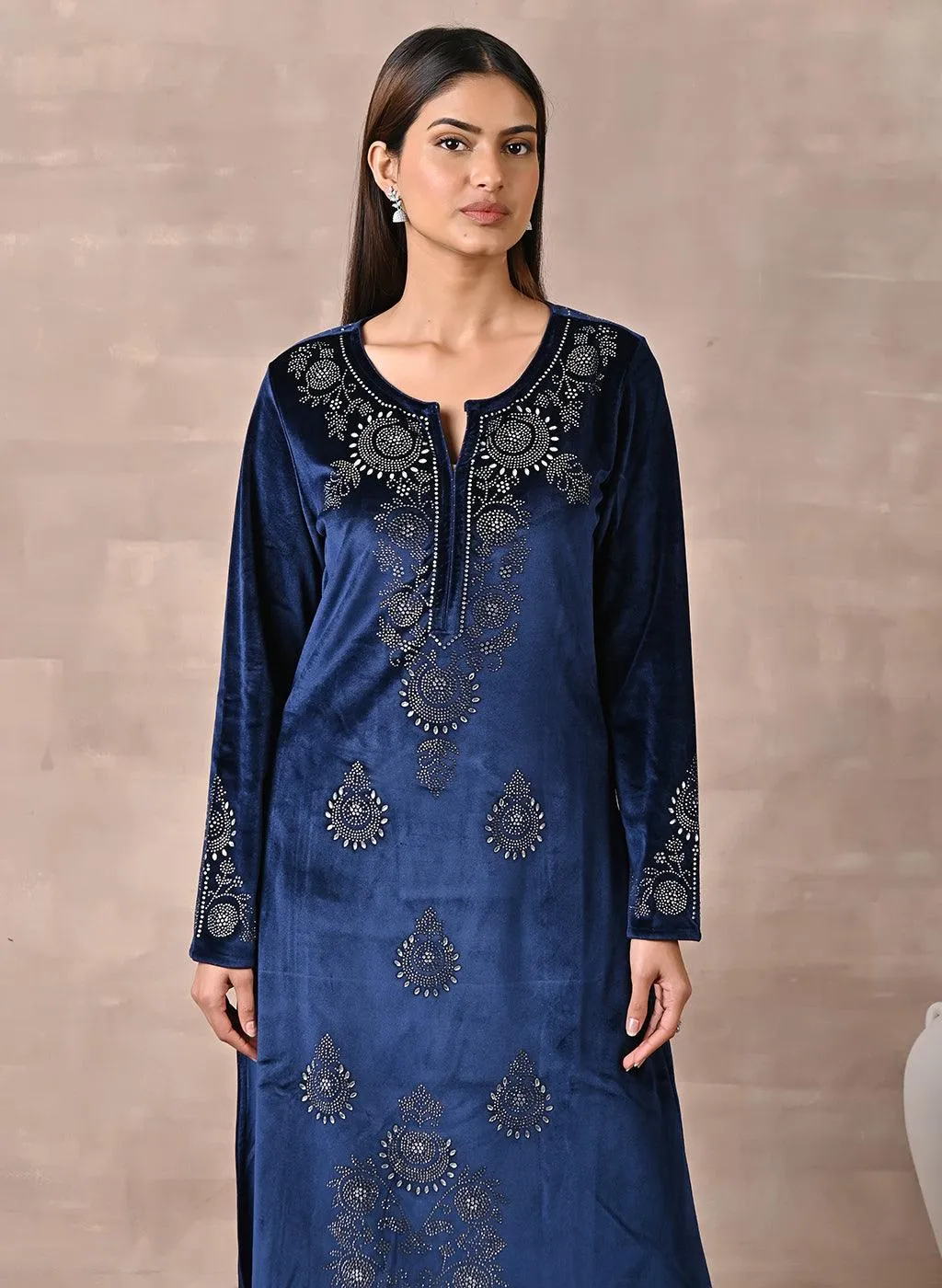 Navy Blue Velvet Kurta With Fine Mirror Work