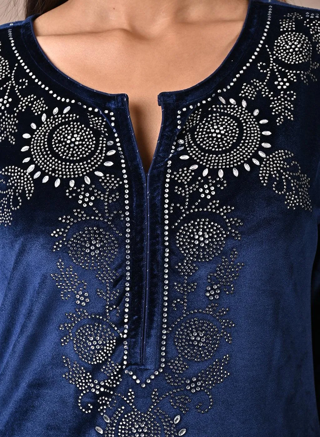 Navy Blue Velvet Kurta With Fine Mirror Work