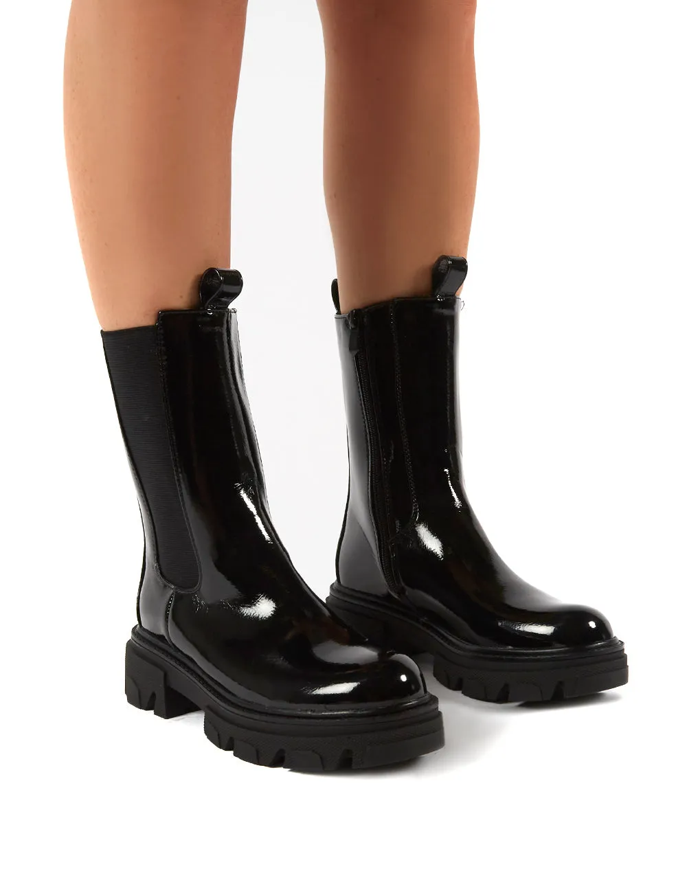 Recess Black Patent Chunky Sole Calf High Boots