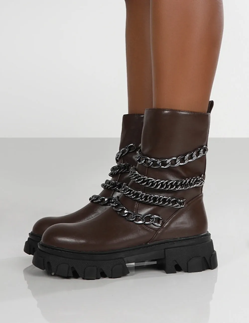 Restrain Chocolate Pu Chain Detail Platform Chunky Sole Ankle Boot