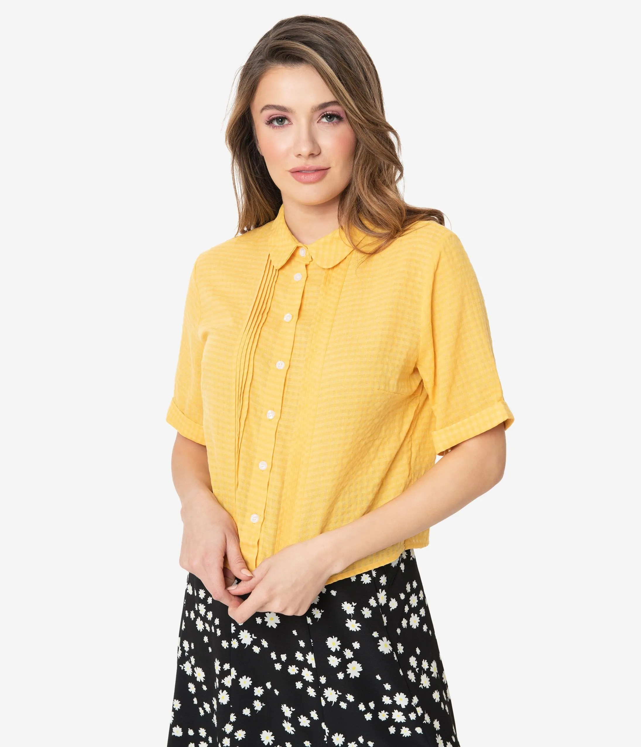 Retro Style Mustard Yellow Gingham Button Up Blouse