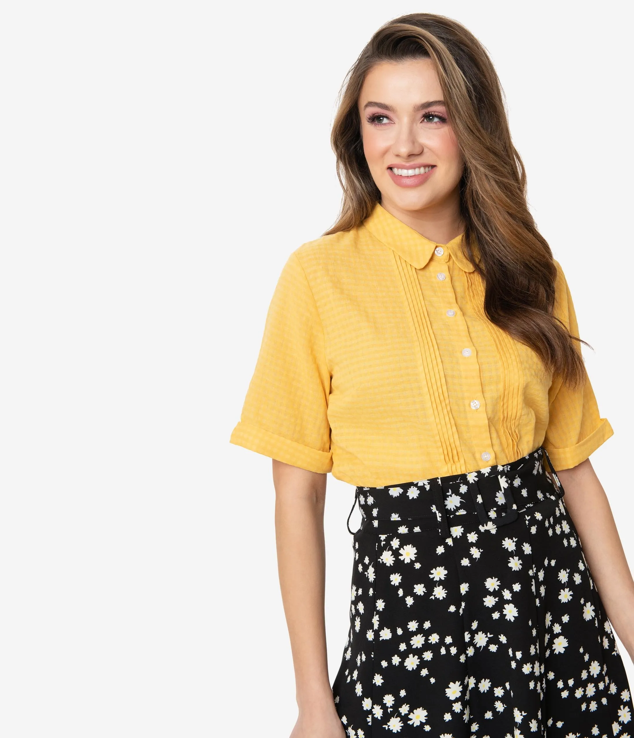 Retro Style Mustard Yellow Gingham Button Up Blouse