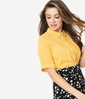 Retro Style Mustard Yellow Gingham Button Up Blouse