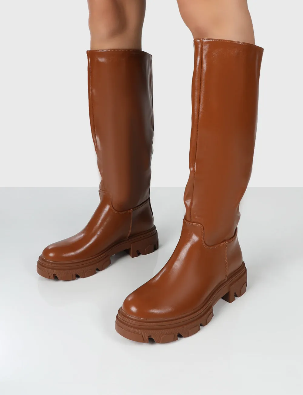 Sabrina Tan Knee High Chunky Sole Boots