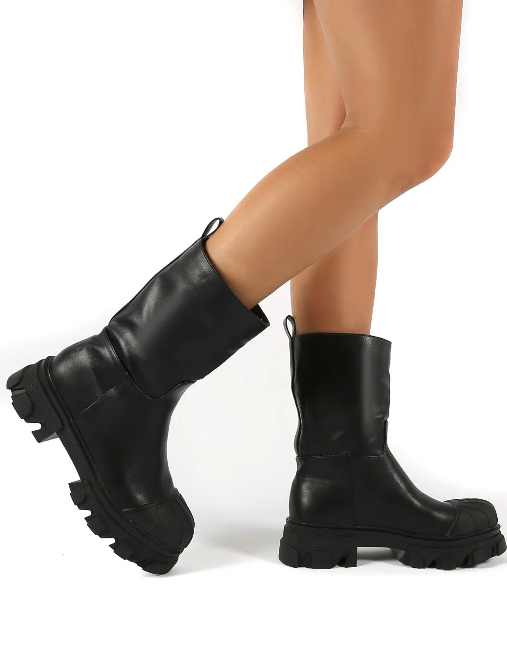 Showdown Black Calf High Chunky Sole Boots