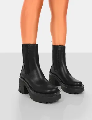 Step Up Wide Fit Black Drench PU Platform Chunky Sole Heeled Ankle Boots