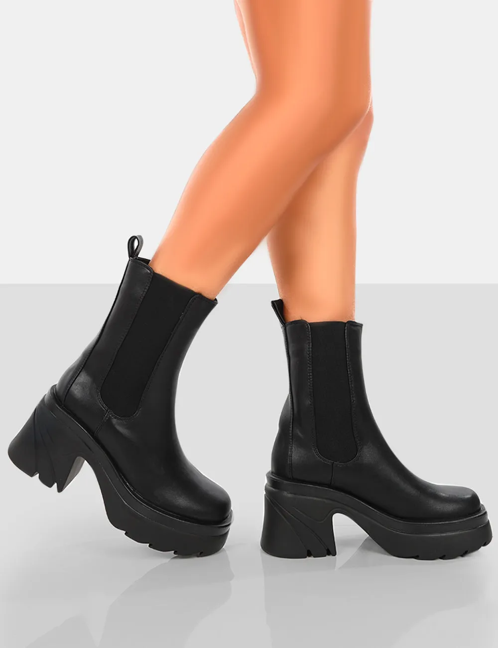 Step Up Wide Fit Black Drench PU Platform Chunky Sole Heeled Ankle Boots