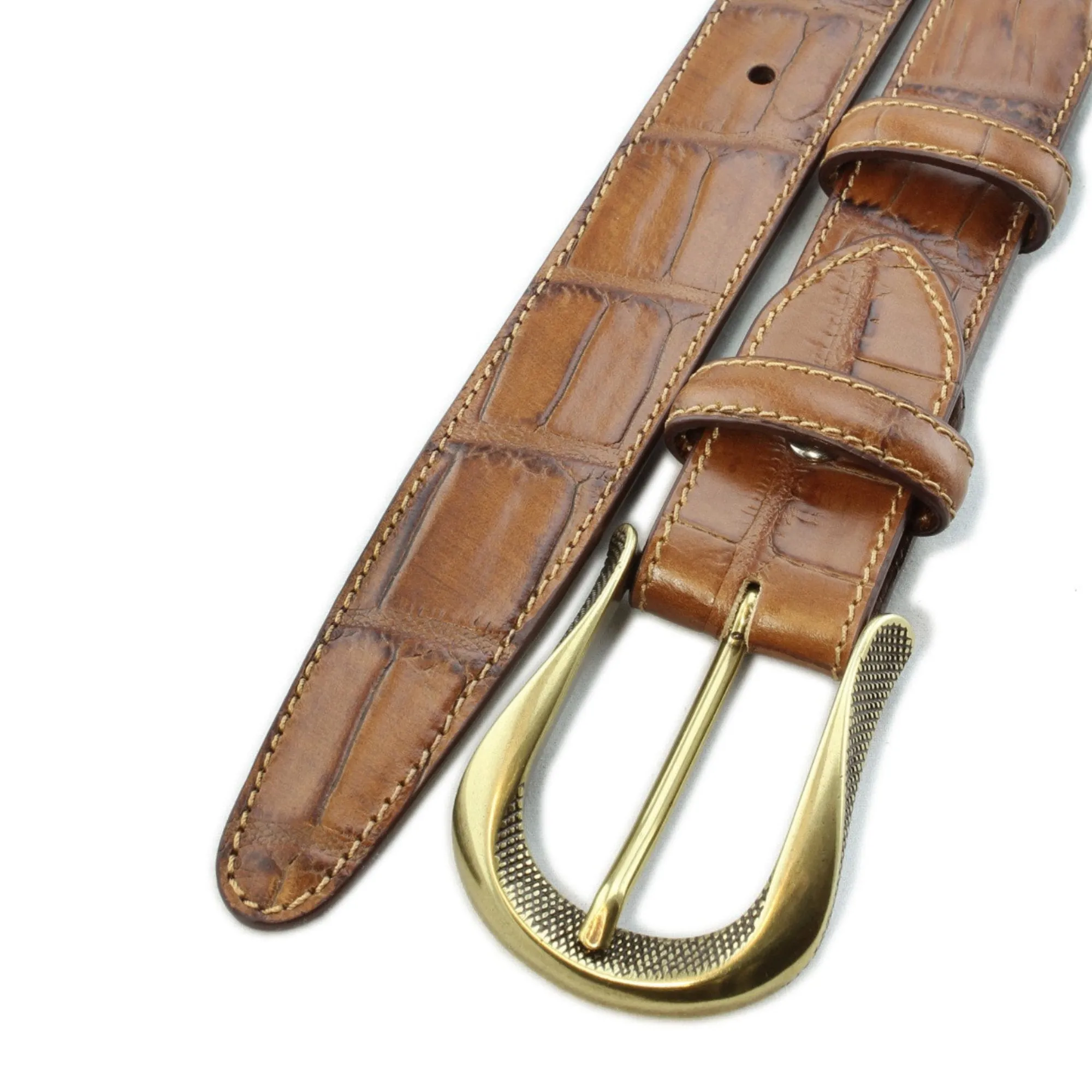 Tan narrow mock alligator tail sculpted buckle belt