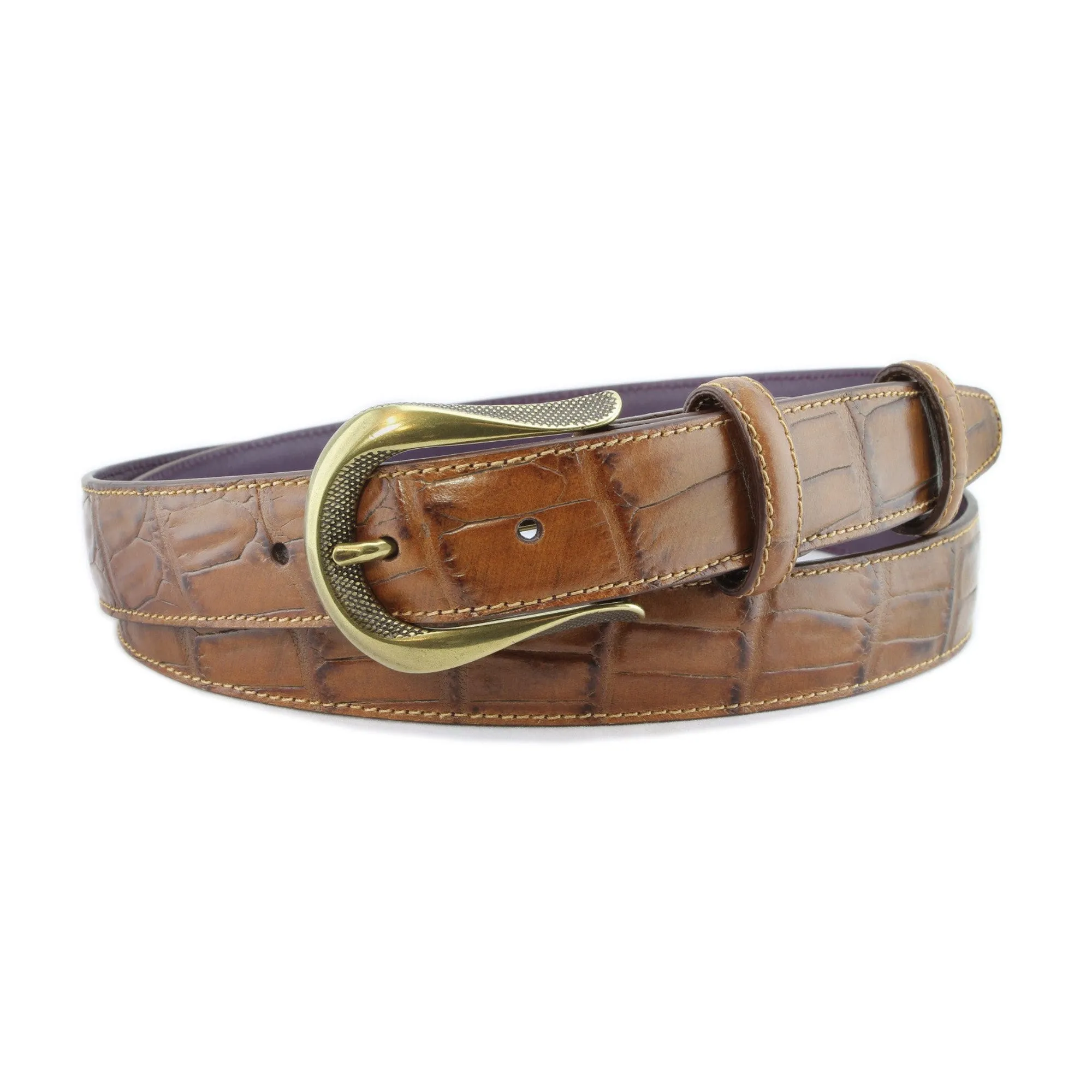 Tan narrow mock alligator tail sculpted buckle belt