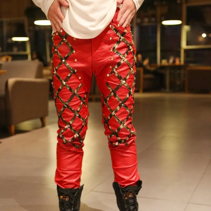 Trouser PU Leather Rivet Decor Full Length Pants