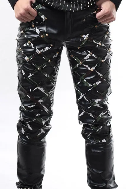 Trouser PU Leather Rivet Decor Full Length Pants