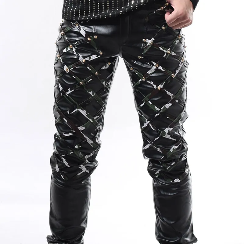 Trouser PU Leather Rivet Decor Full Length Pants