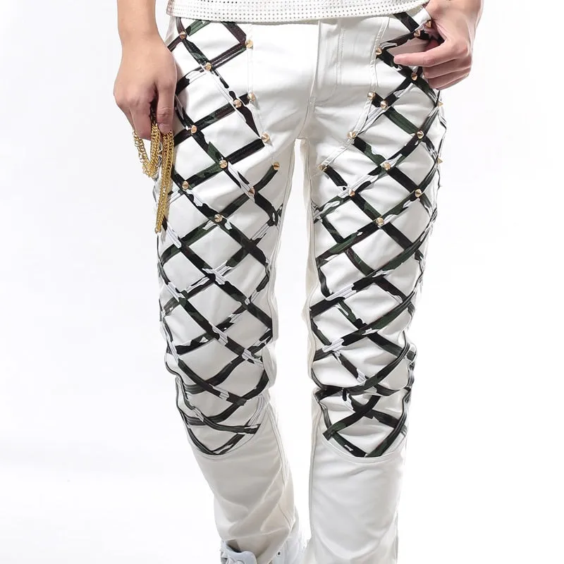 Trouser PU Leather Rivet Decor Full Length Pants