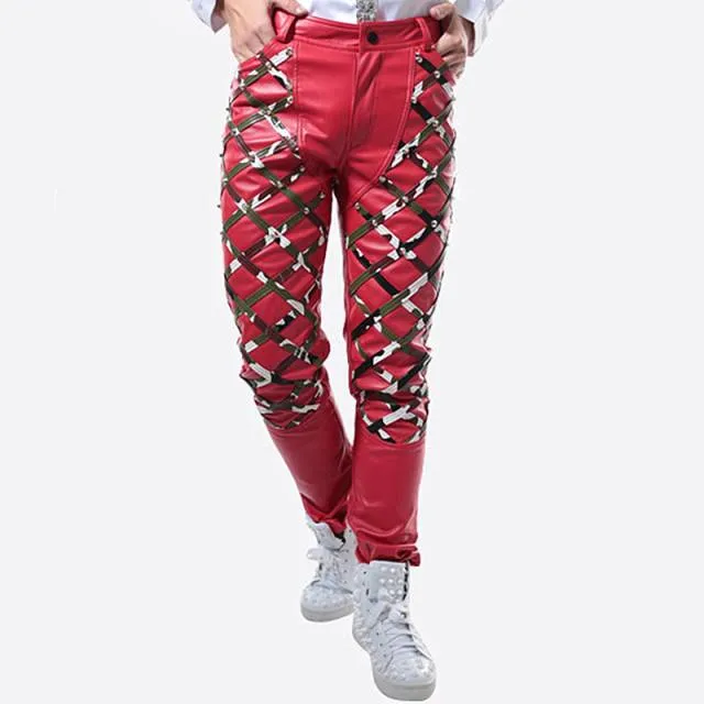 Trouser PU Leather Rivet Decor Full Length Pants