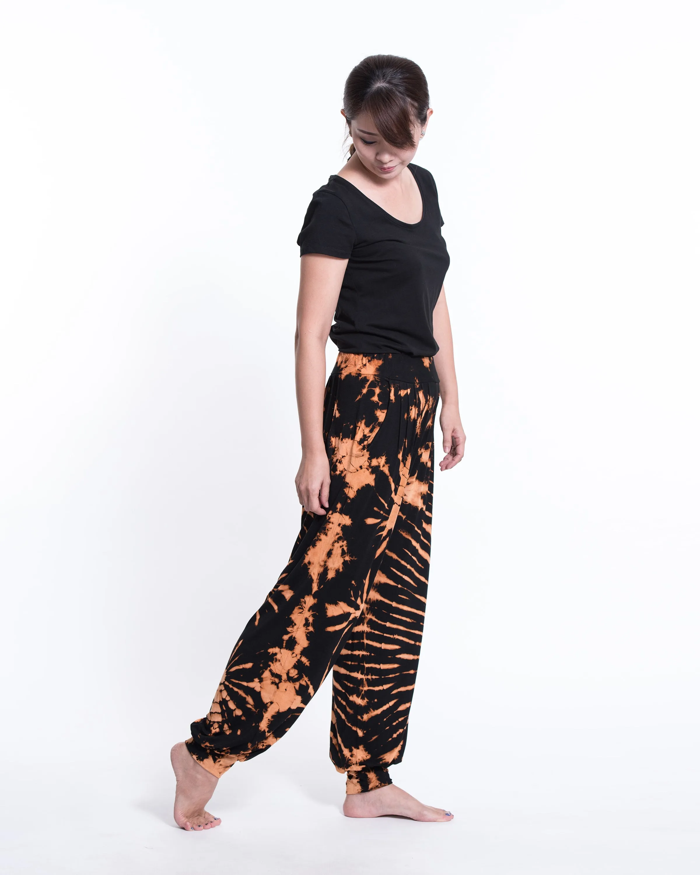 Unisex Tie Dye Cotton Harem Pants in Black Orange