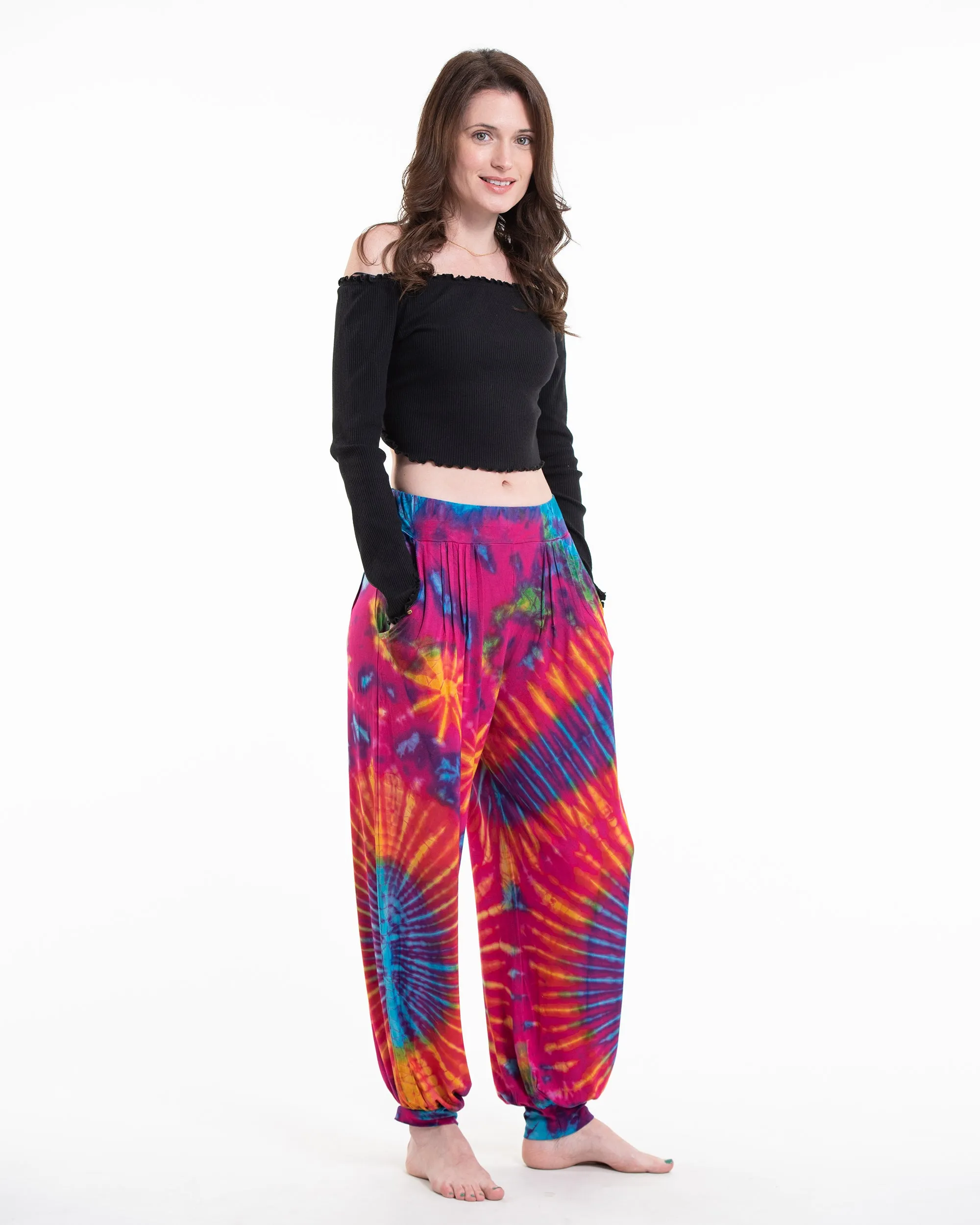 Unisex Tie Dye Cotton Harem Pants in Pink