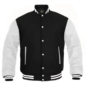 Women Varsity Jacket Wool Genuine Leather Letterman Baseball Winter Jacket Black/White