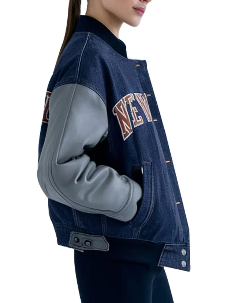 Women's New York Denim Varsity Jacket With Leather Sleeves