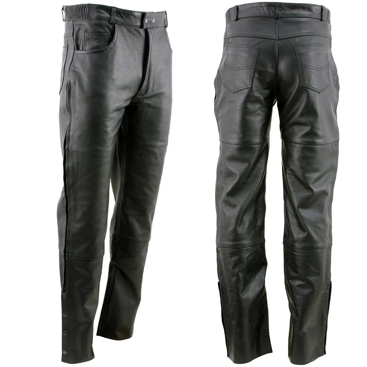 Xelement B7470 Men's Black Premium Leather Motorcycle Overpants with Side Zipper and Snaps